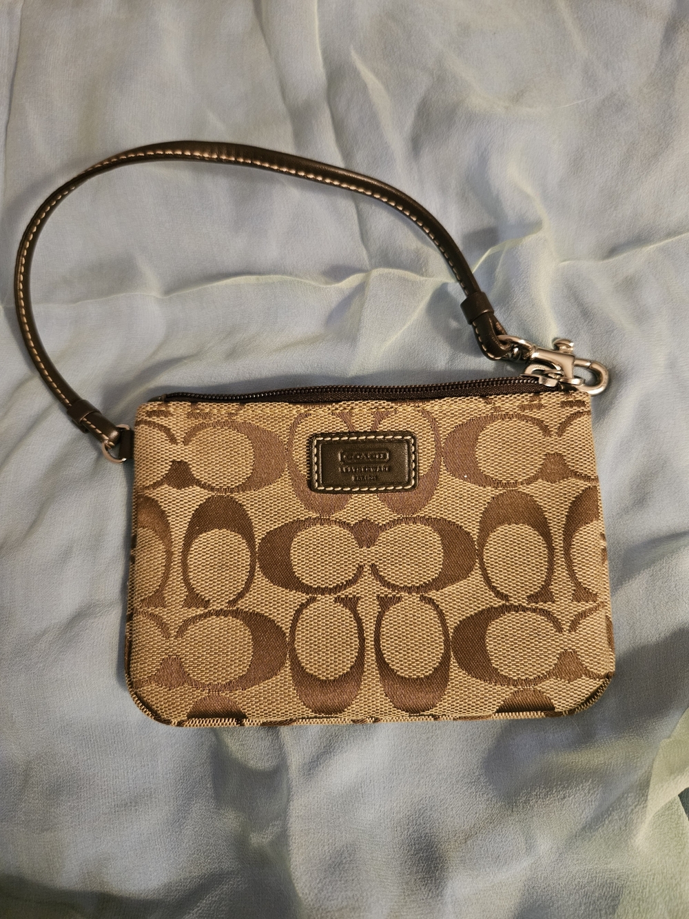 Coach Tan/Brown Signature Canvas Wristlet with Leather Strap Jacquard Small C